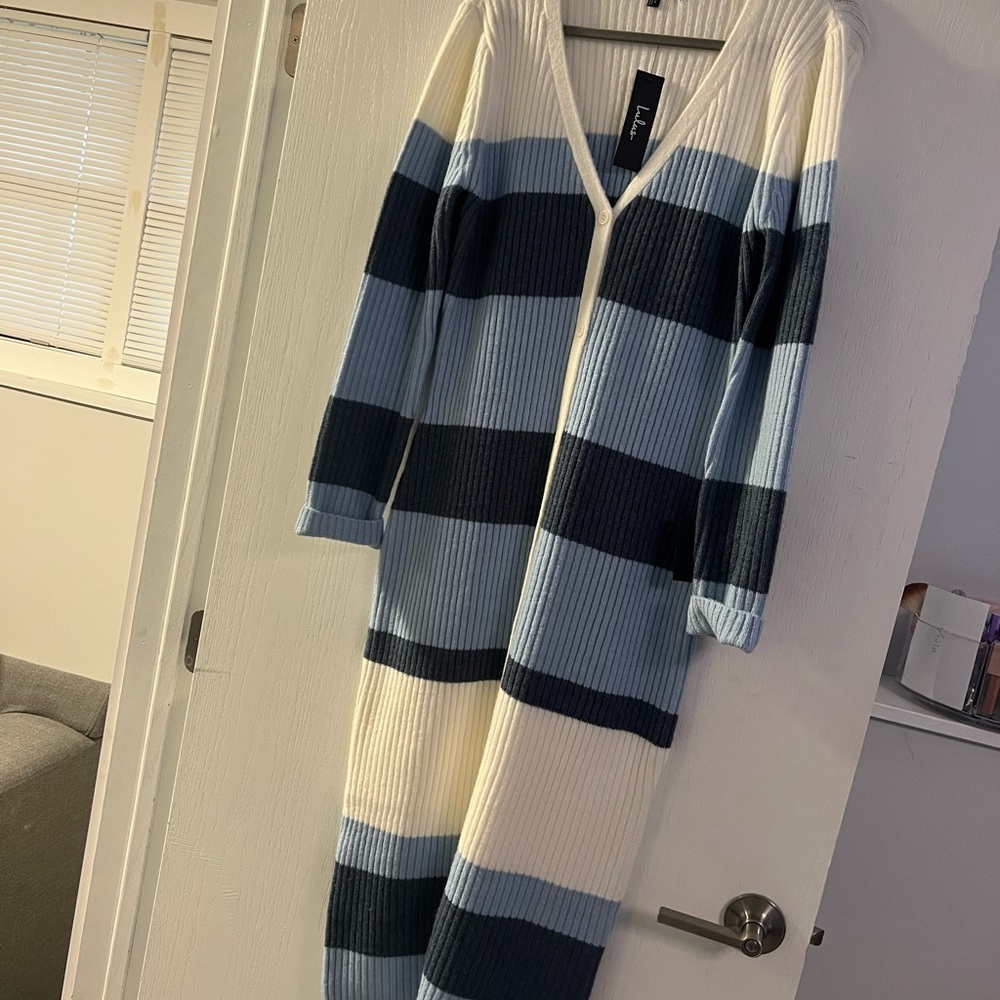 Lulu's Blue and White Ribbed Cardigan dress